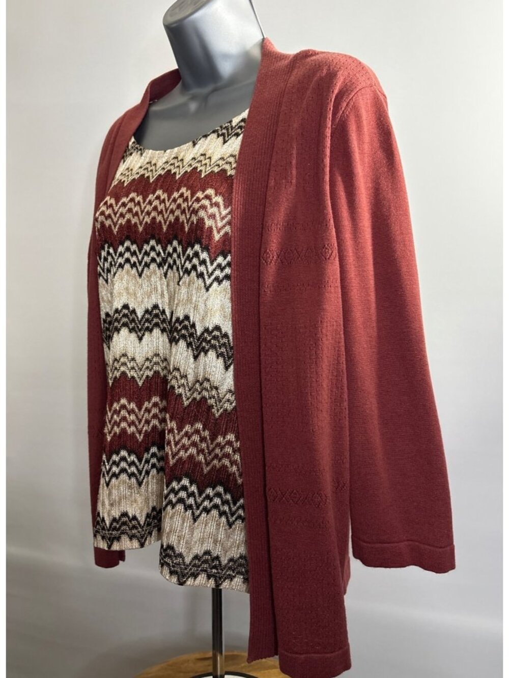 Alfred Dunner Chevron Layered Top Womens Petite Cardigan Rust Gold Tan Patterned - Picture 4 of 16